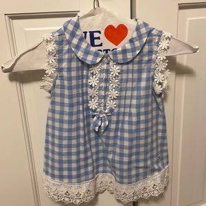 Mayoral sleeveless tunic periwinkle check print with sweet floral detailing 3T